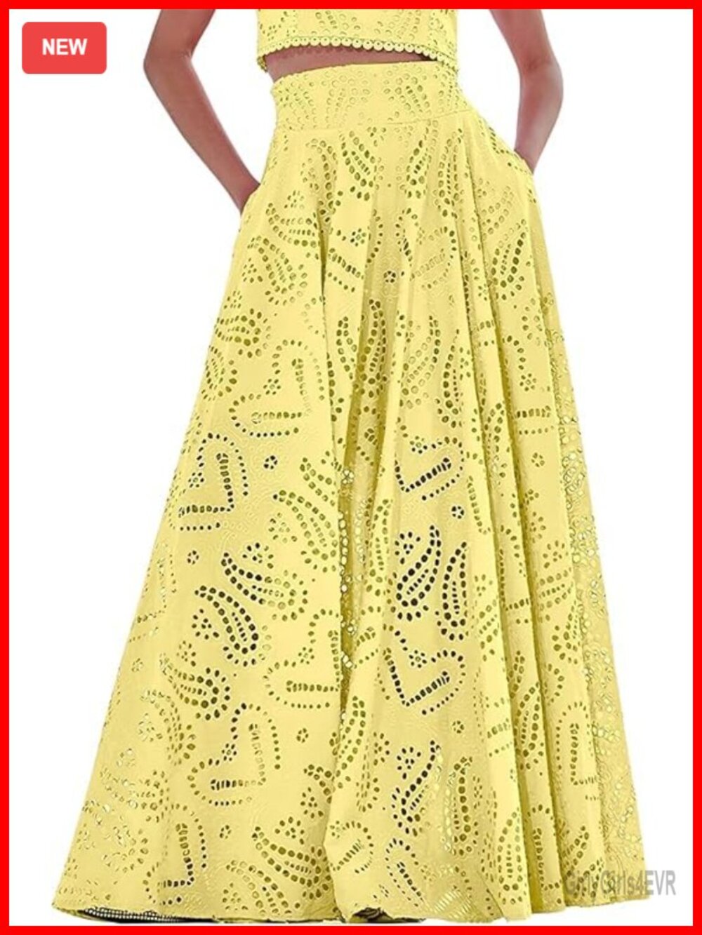Womens Eyelet Lace Embroidered Boho Maxi Skirt Smocked Waist with Pockets